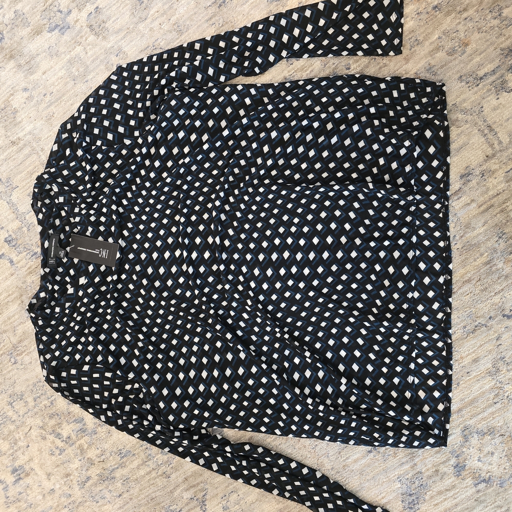 INC International Concepts Black and Blue Geometric Blouse